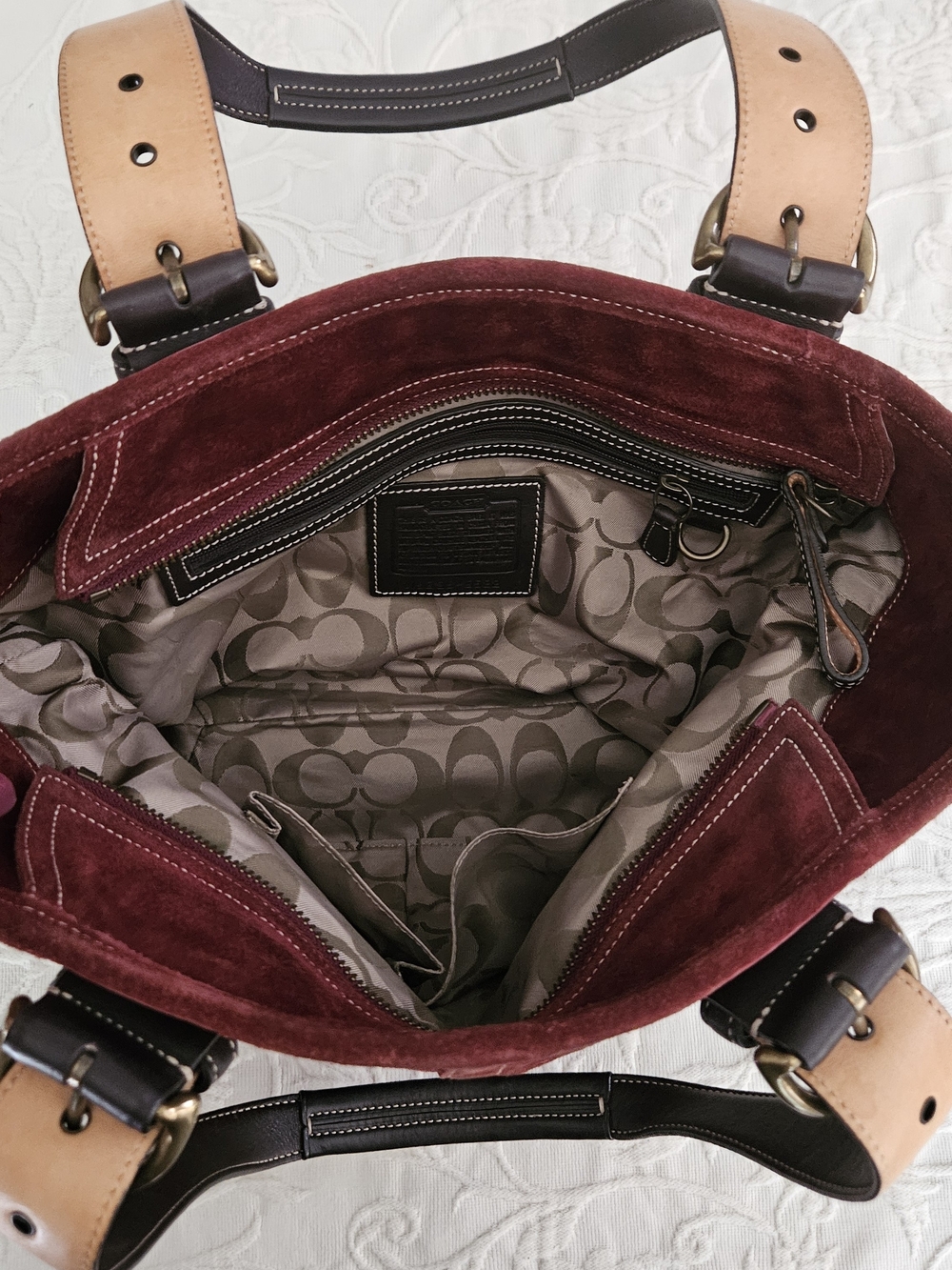 Coach Burgundy Suede Shoulder Bag with Dark Brown Straps - Picture 4 of 11
